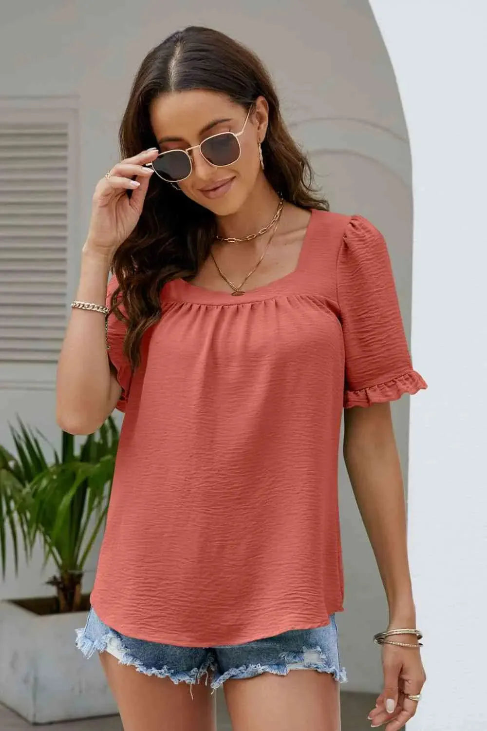 Frill Trim Puff Sleeve Square Neck Blouse Brick Red Blouses - Tophatter Daily Deals