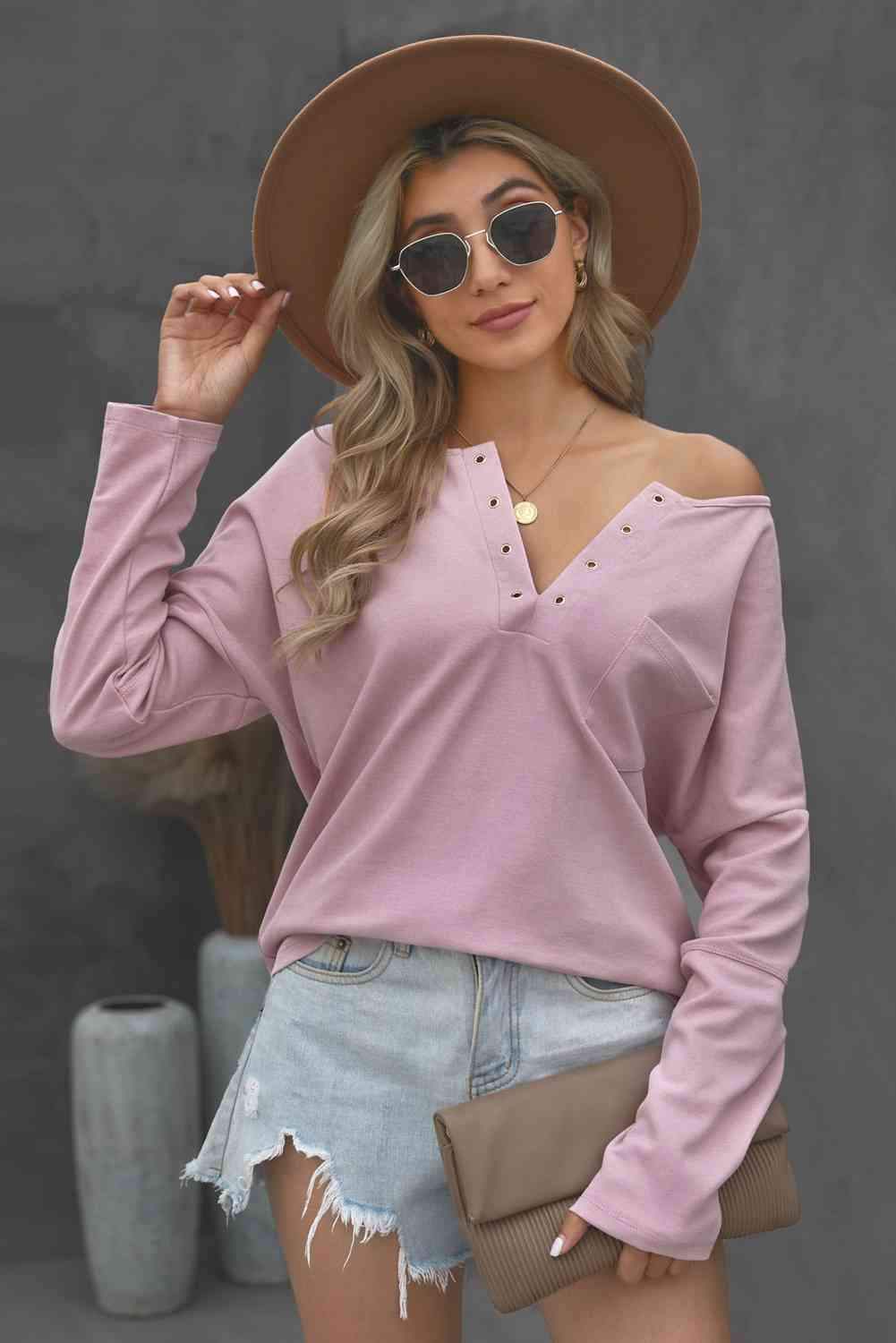 Grommet Long Sleeve V-Neck Top Blouses - Tophatter Daily Deals