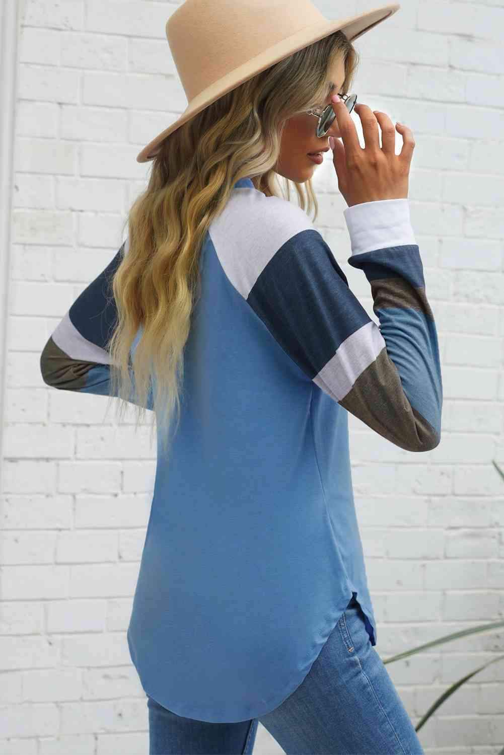 Double Take Color Block Curved Hem Long Sleeve Tee Women's T-Shirts - Tophatter Daily Deals