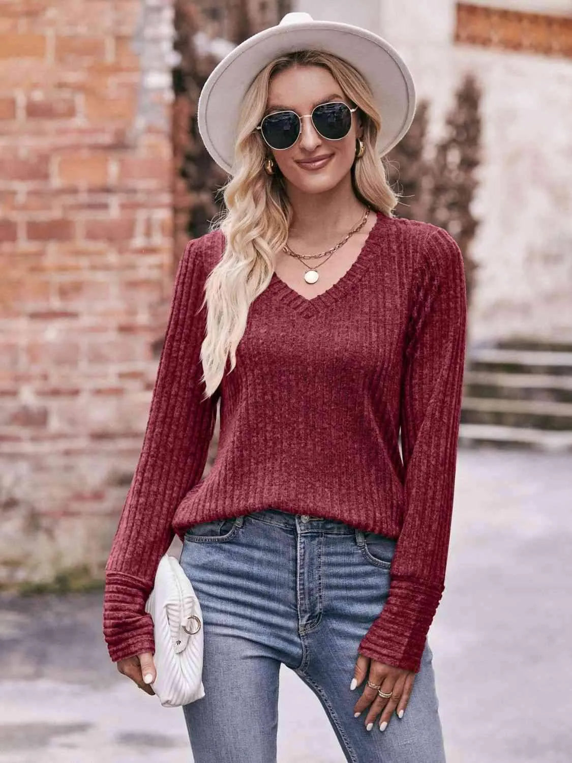 Double Take V-Neck Long Sleeve Ribbed Top Blouses - Tophatter Daily Deals