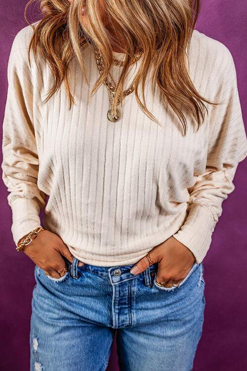 Ribbed Round Neck Long Sleeve Blouse Blouses - Tophatter Daily Deals