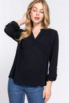 ACTIVE BASIC Full Size Notched Long Sleeve Woven Top Black Women's T-Shirts - Tophatter Daily Deals