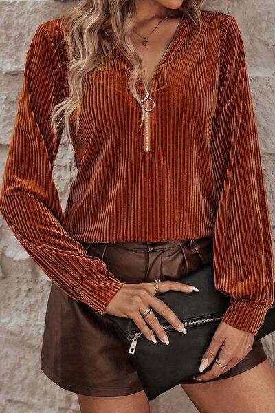 Ribbed Zip Up Long Sleeve T-Shirt Ochre Women's T-Shirts - Tophatter Daily Deals