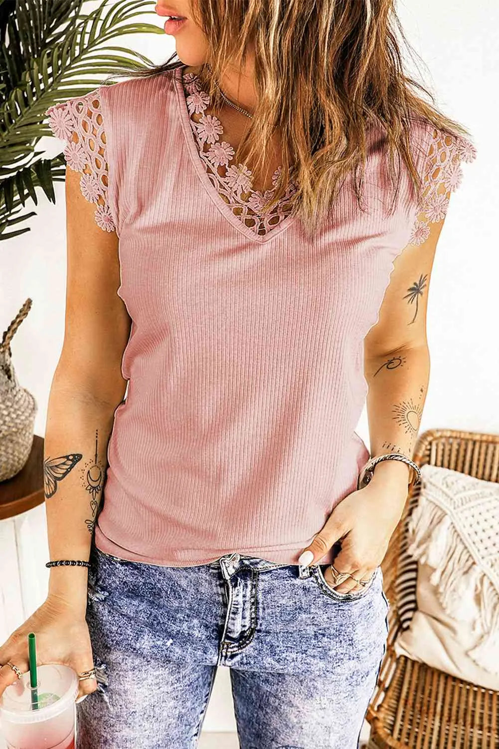 Lace Trim V-Neck Capped Sleeve Top Dusty Pink Blouses - Tophatter Daily Deals