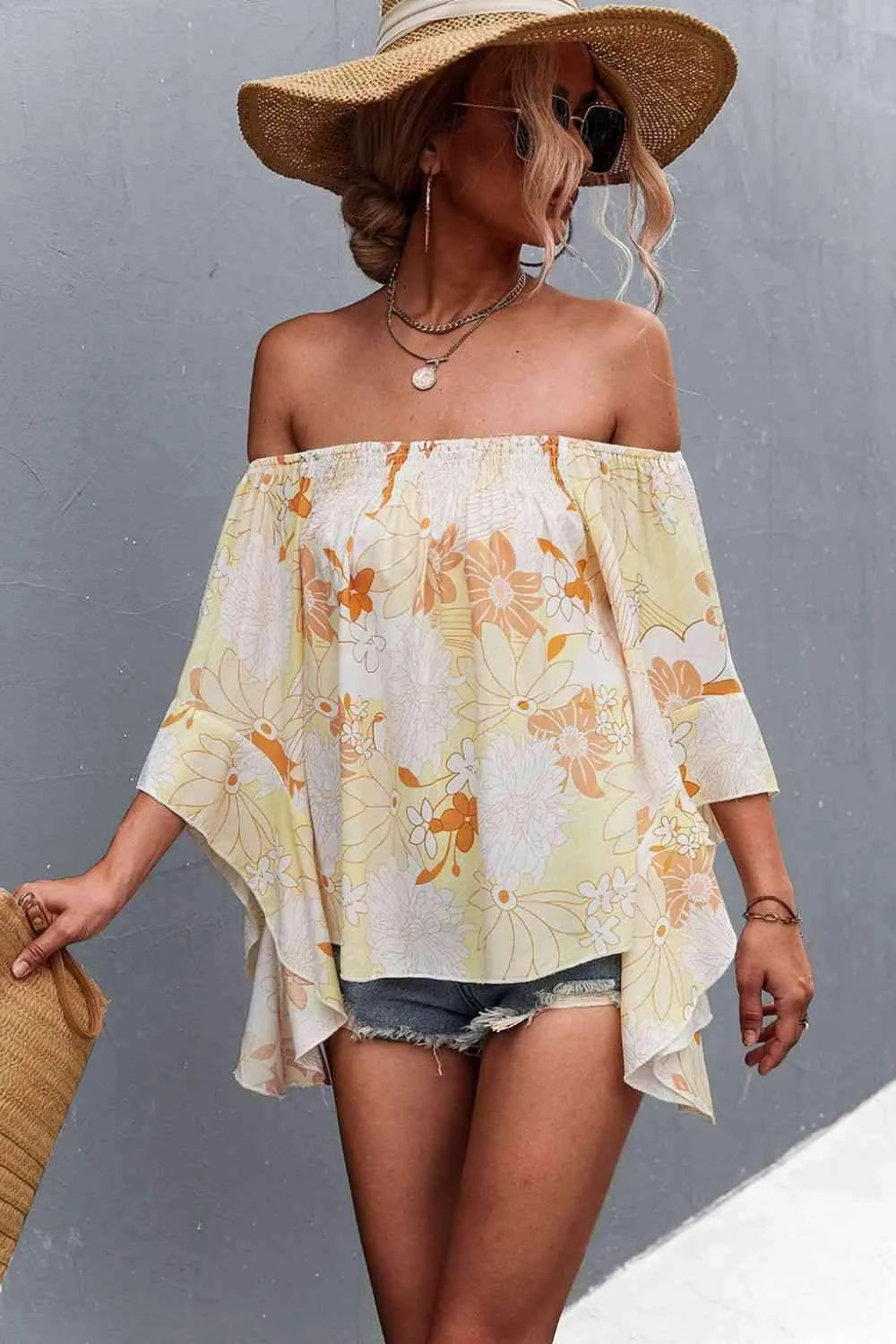Floral Bell Sleeve Off-Shoulder Blouse Lemon Blouses - Tophatter Daily Deals