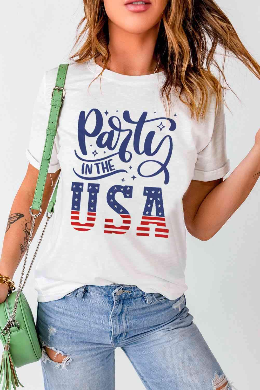 PARTY IN THE USA Round Neck Cuffed Tee White Women's T-Shirts - Tophatter Daily Deals