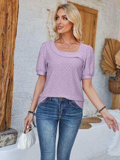 Eyelet Asymmetrical Neck Short Sleeve T-Shirt Women's T-Shirts - Tophatter Daily Deals