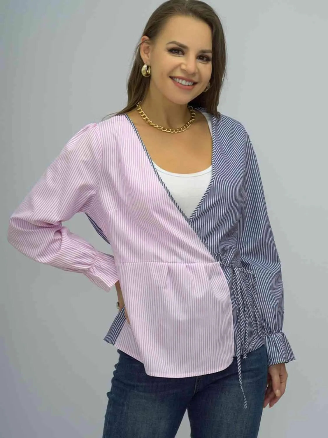 Surplice Neck Striped Long Sleeve Blouse Blouses - Tophatter Daily Deals