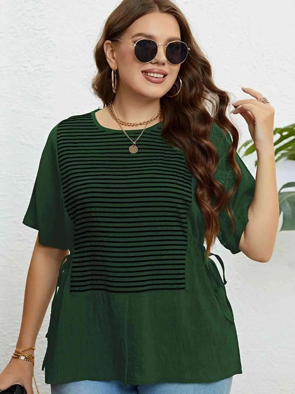 Plus Size Striped Drawstring Slit Top Forest Blouses - Tophatter Daily Deals