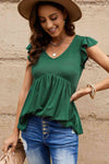 Ribbed Ruffle Sleeve Peplum Top Women's T-Shirts - Tophatter Daily Deals