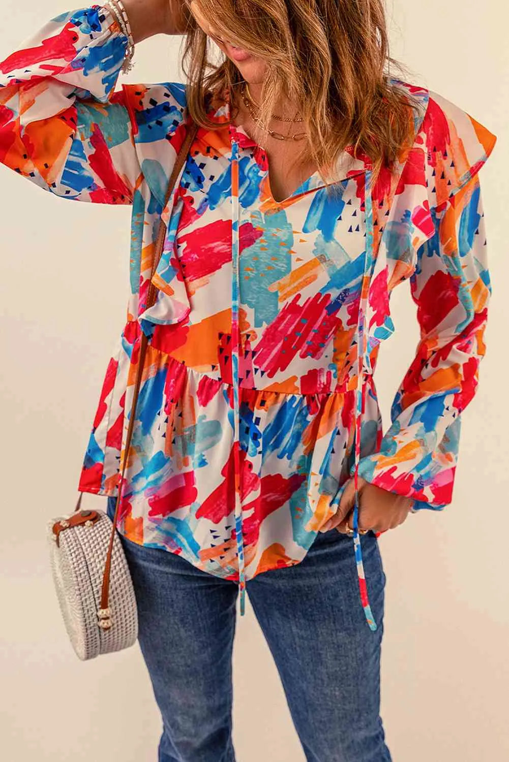 Brush Stroke Ruffled Tie Neck Blouse Blouses - Tophatter Daily Deals