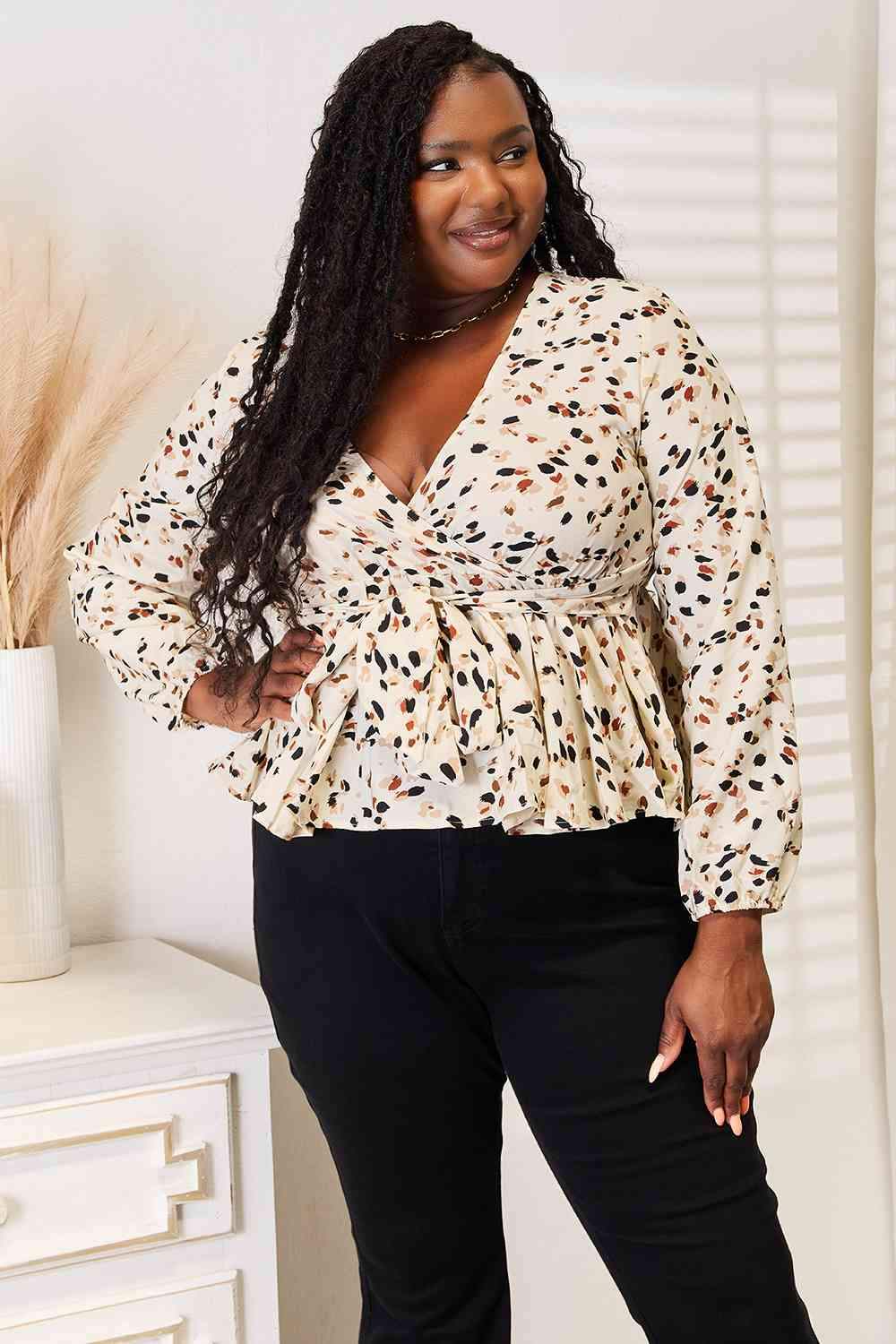 Double Take Printed Tied Plunge Peplum Blouse Blouses - Tophatter Daily Deals