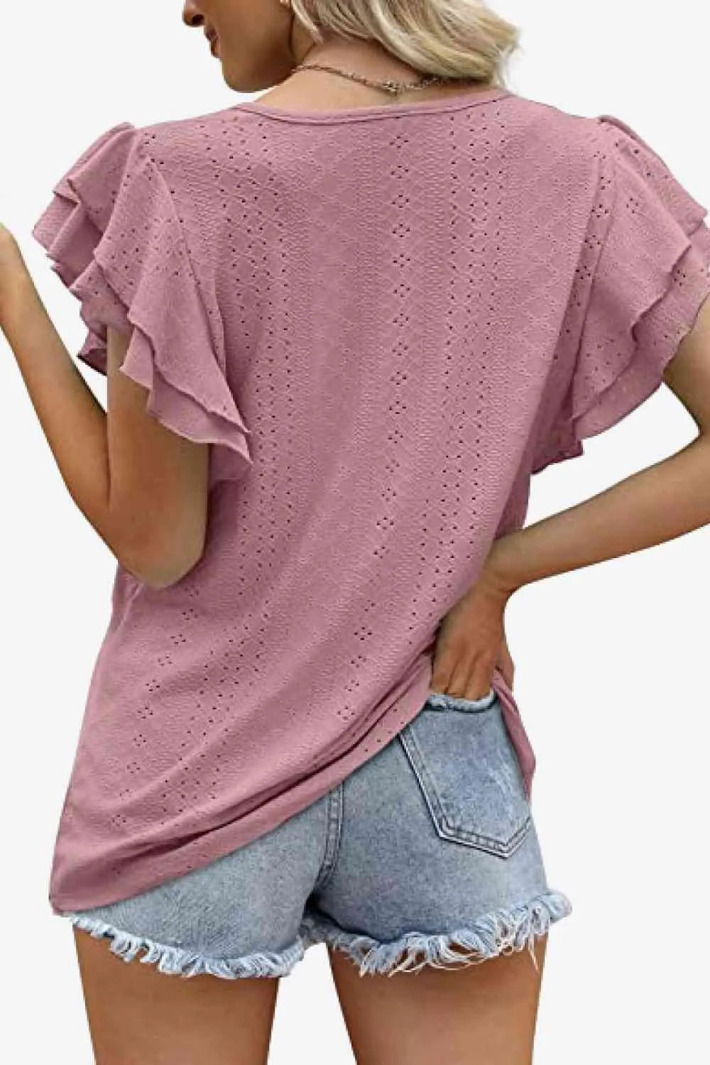 Round Neck Layered Flutter Sleeve Blouse Blouses - Tophatter Daily Deals