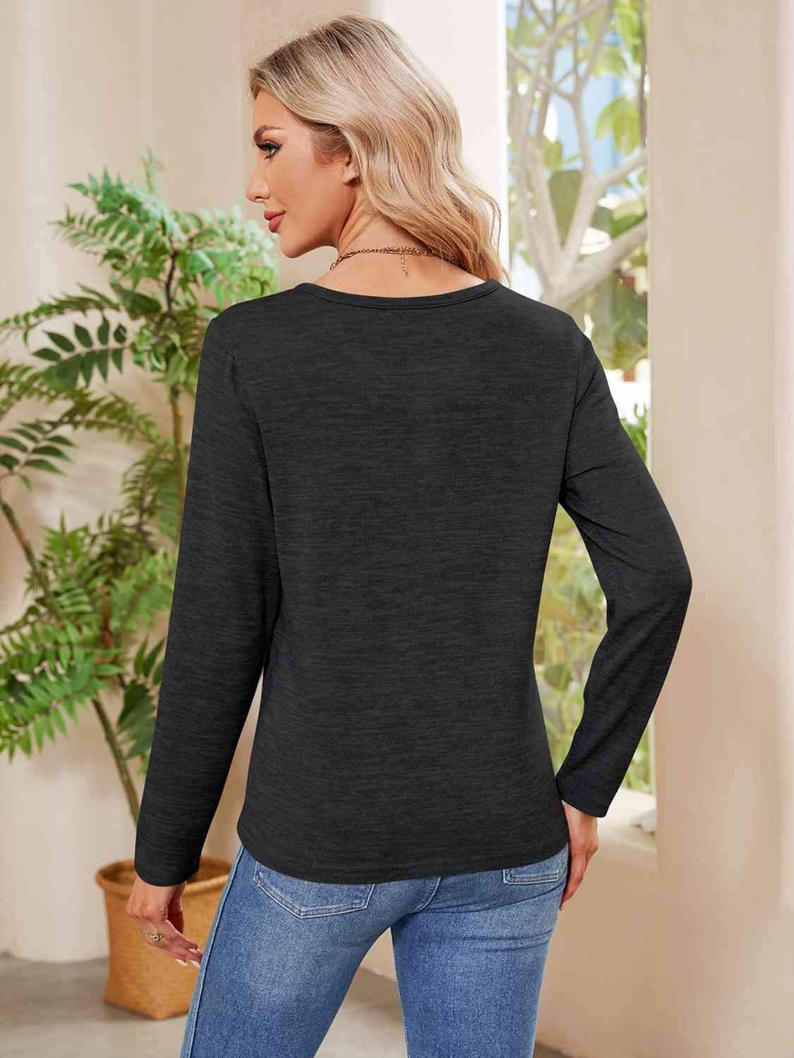 Buttoned Round Neck Long Sleeve T-Shirt Women's T-Shirts - Tophatter Daily Deals