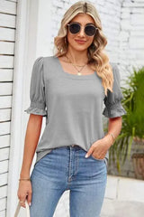 Smocked Square Neck Short Sleeve T-Shirt Women's T-Shirts - Tophatter Daily Deals