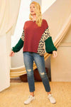 Leopard Color Block Waffle-Knit Blouse Blouses - Tophatter Daily Deals