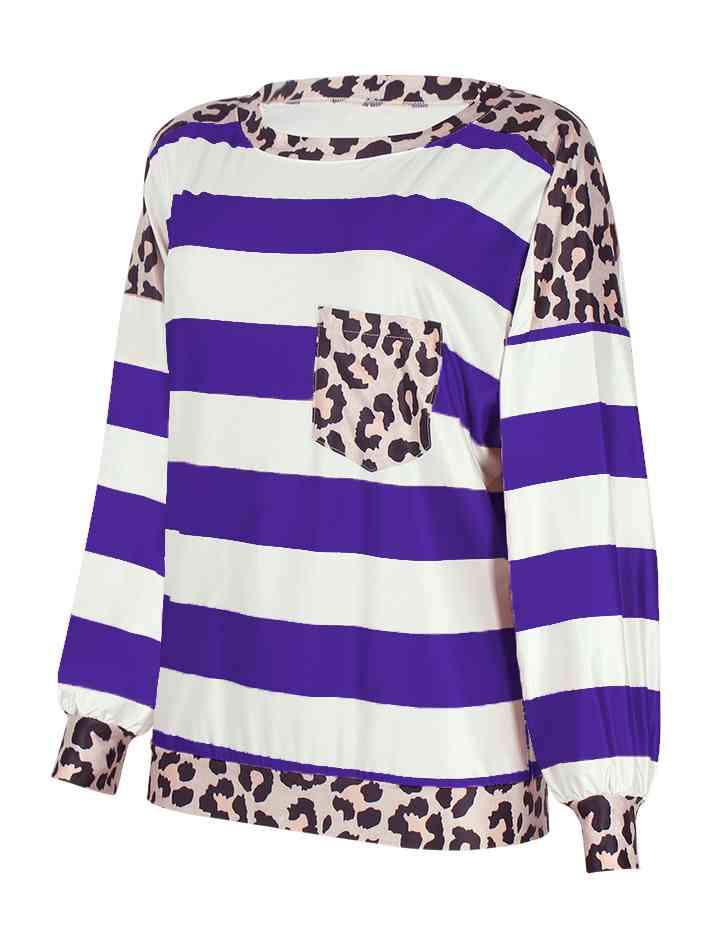 Striped Leopard Long Sleeves Top Purple Women's T-Shirts - Tophatter Daily Deals