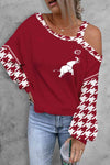 Houndstooth Long Sleeve Asymmetrical Neck Top Deep Red Blouses - Tophatter Daily Deals