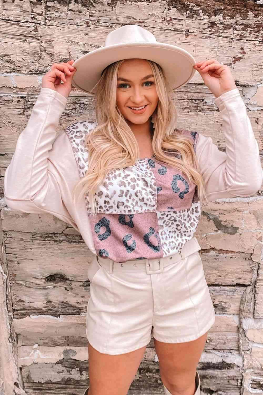 Leopard Exposed Seam Long Sleeve Top Blouses - Tophatter Daily Deals