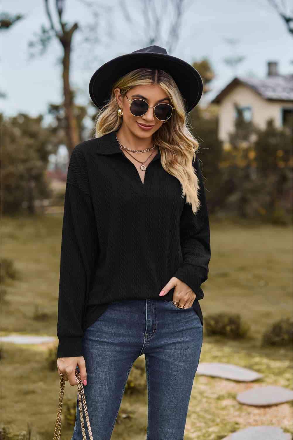 Collared Neck Cable-Knit Long Sleeve Blouse Blouses - Tophatter Daily Deals