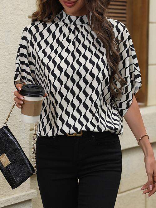 Printed Mock Neck Tie Back Short Sleeve Blouse Black Blouses - Tophatter Daily Deals