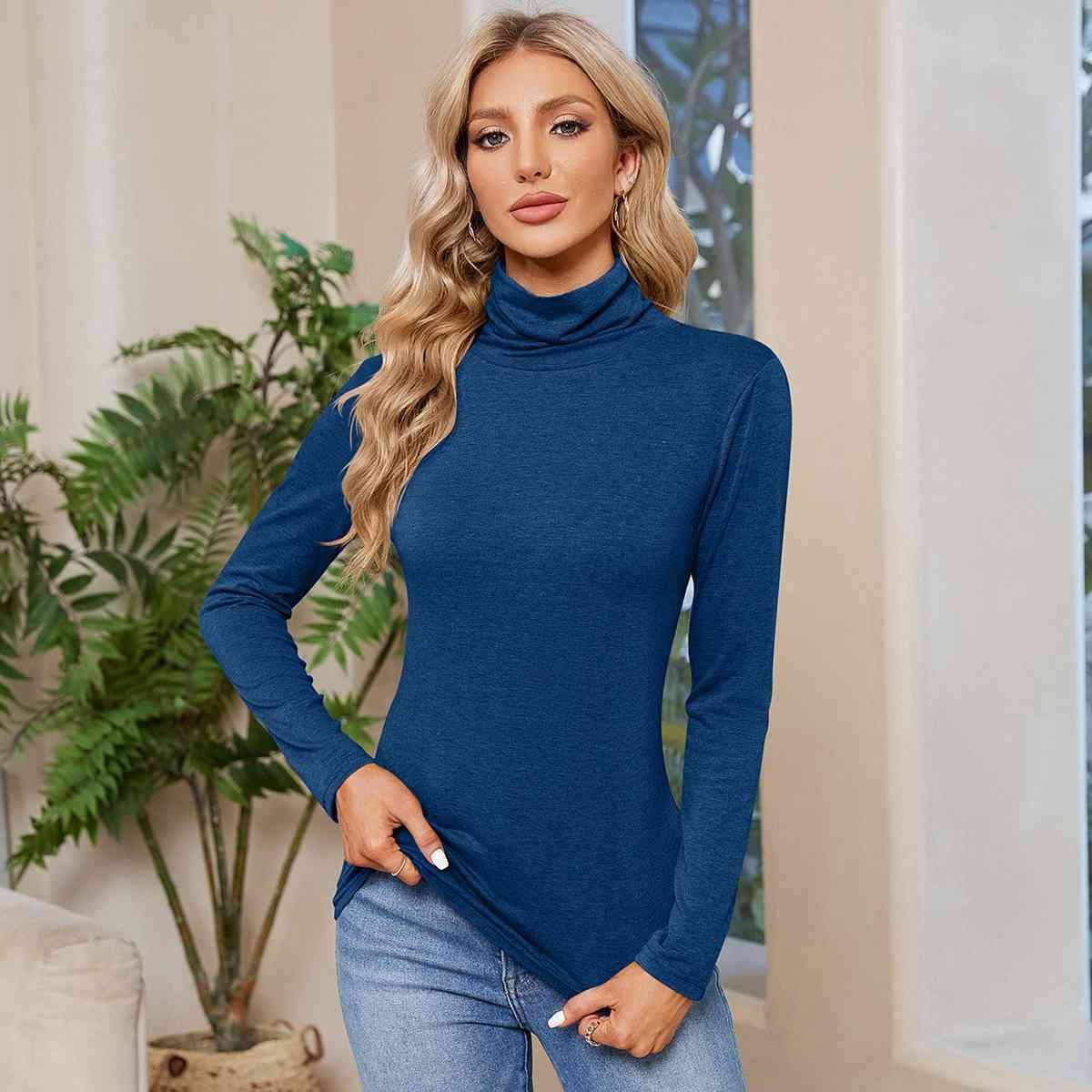 Turtleneck Long Sleeve T-Shirt Navy Women's T-Shirts - Tophatter Daily Deals