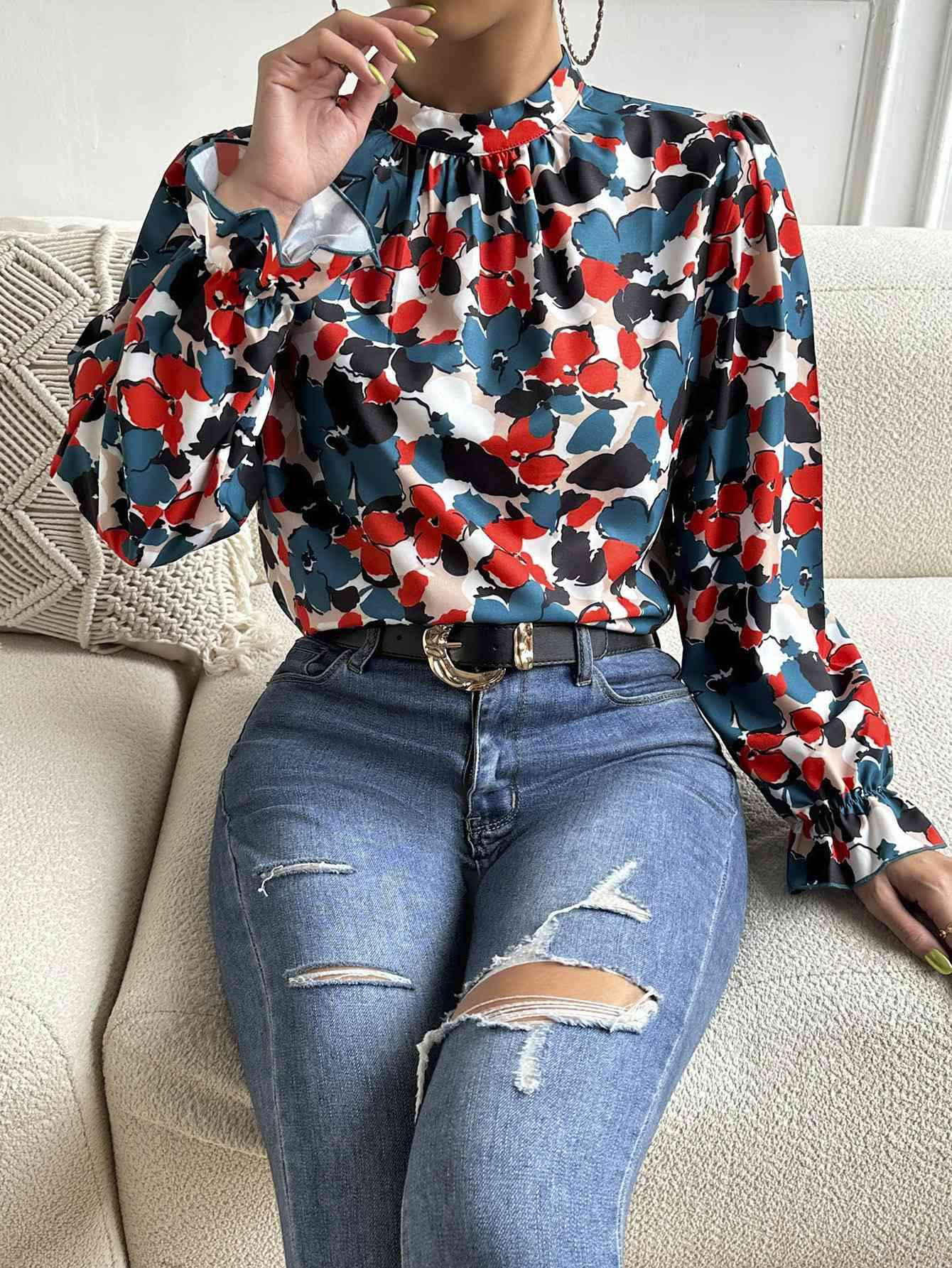 Floral Mock Neck Long Flounce Sleeve Blouse Blouses - Tophatter Daily Deals