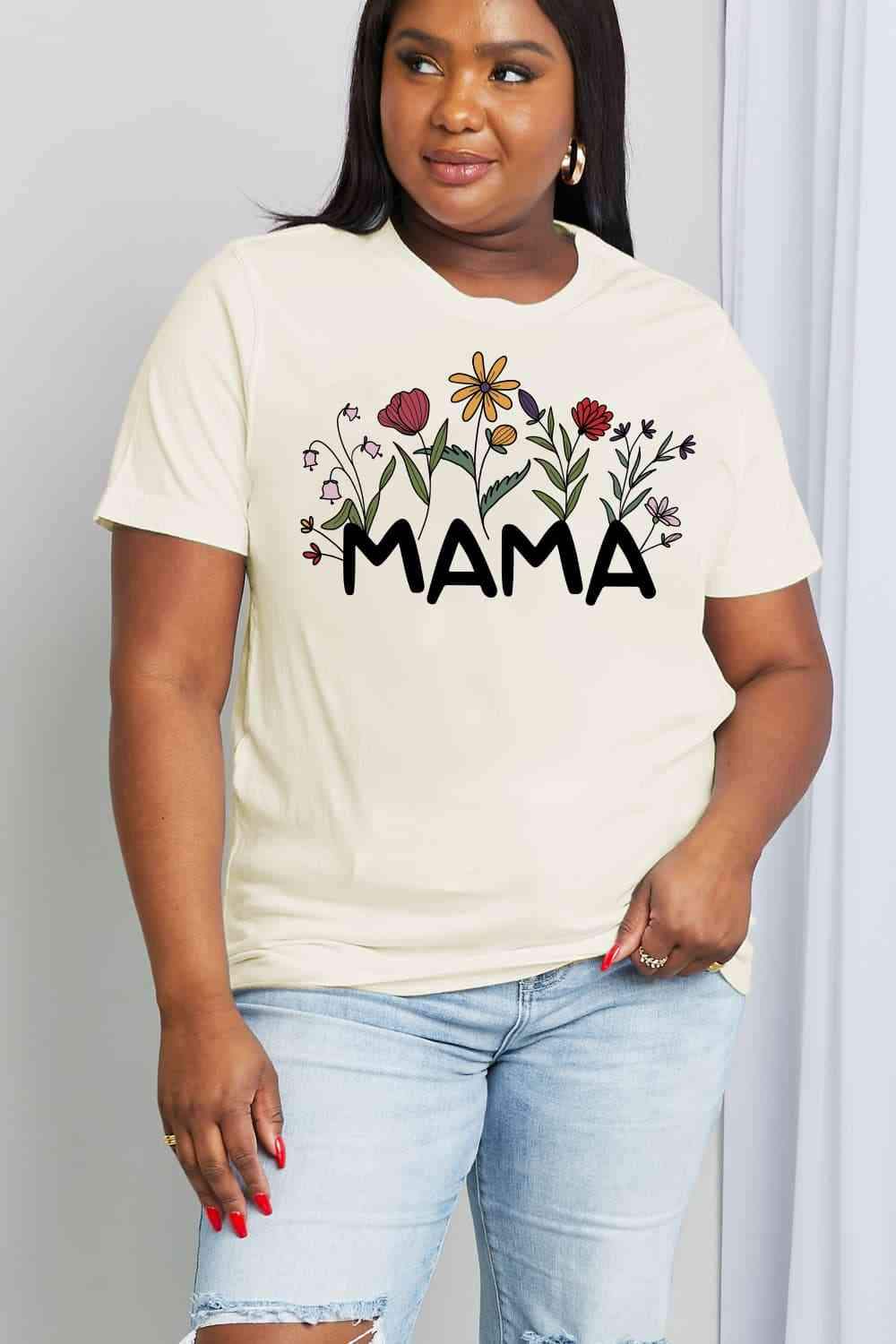 Simply Love Full Size MAMA Flower Graphic Cotton Tee Ivory Women's T-Shirts - Tophatter Daily Deals