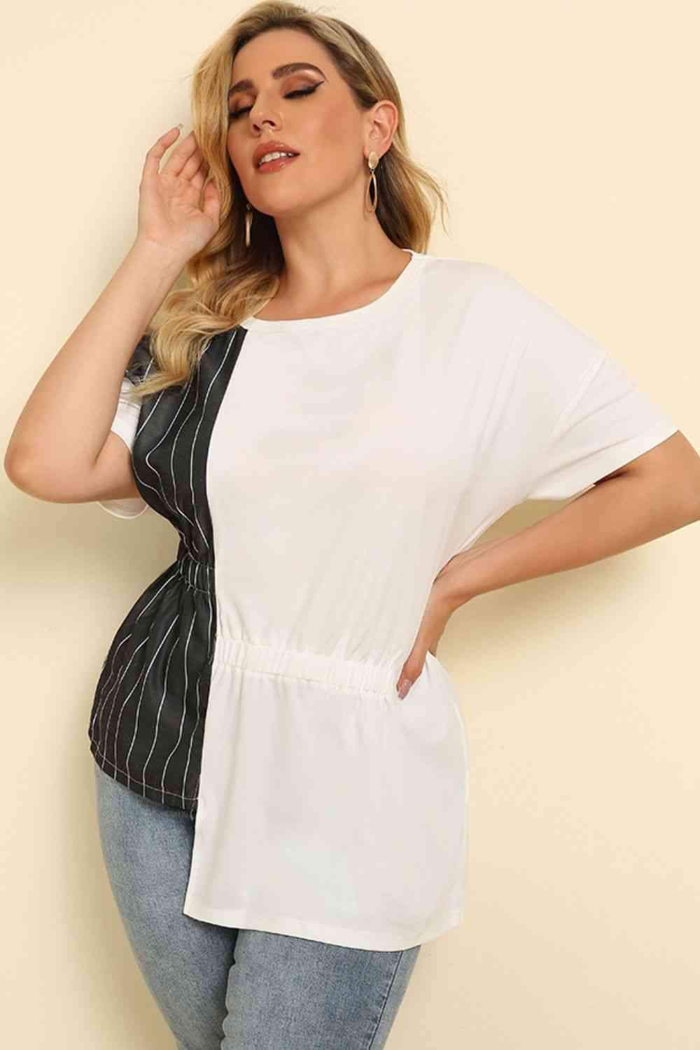 Plus Size Striped Color Block Asymmetrical T-Shirt Women's T-Shirts - Tophatter Daily Deals