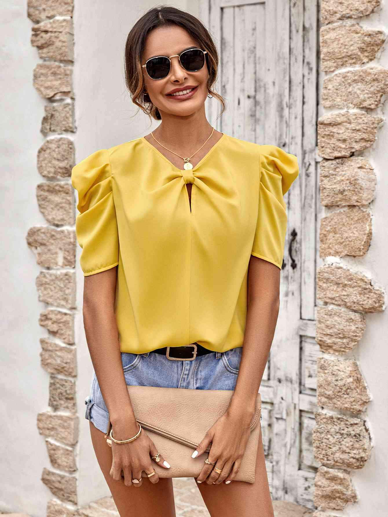 Puff Sleeve Gathered Detail Blouse Blouses - Tophatter Daily Deals