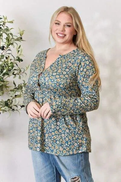 Heimish Full Size Floral Half Button Long Sleeve Blouse Blouses - Tophatter Daily Deals