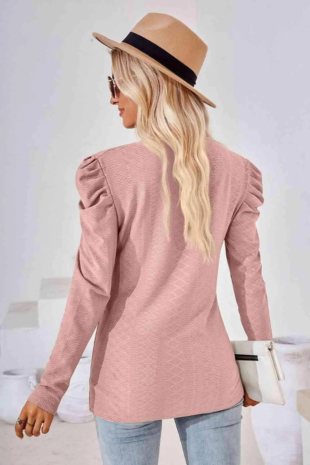 Round Neck Puff Sleeve Blouse Blouses - Tophatter Daily Deals