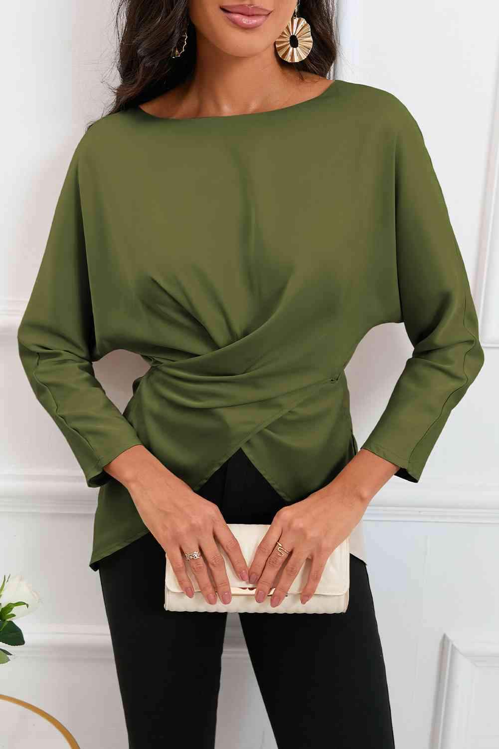 Boat Neck Back Tie Long Sleeve Satin Blouse Blouses - Tophatter Daily Deals