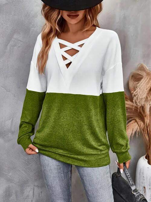 Contrast Crisscross V-Neck Long Sleeve Top Matcha Green Women's T-Shirts - Tophatter Daily Deals