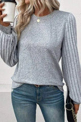 Ribbed Round Neck Long Sleeve Knit Top Blouses - Tophatter Daily Deals