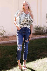 Two-Tone Animal Print Cutout Tee Women's T-Shirts - Tophatter Daily Deals