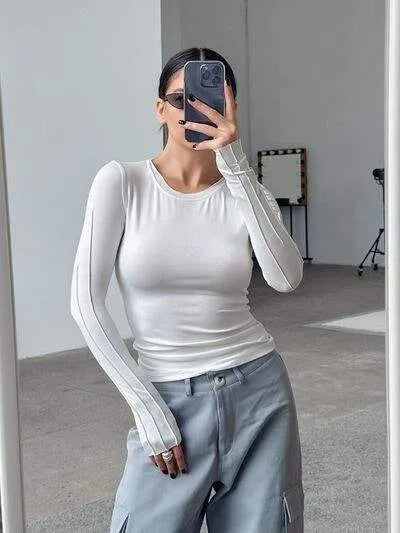 Round Neck Long Sleeve T-Shirt White Women's T-Shirts - Tophatter Daily Deals