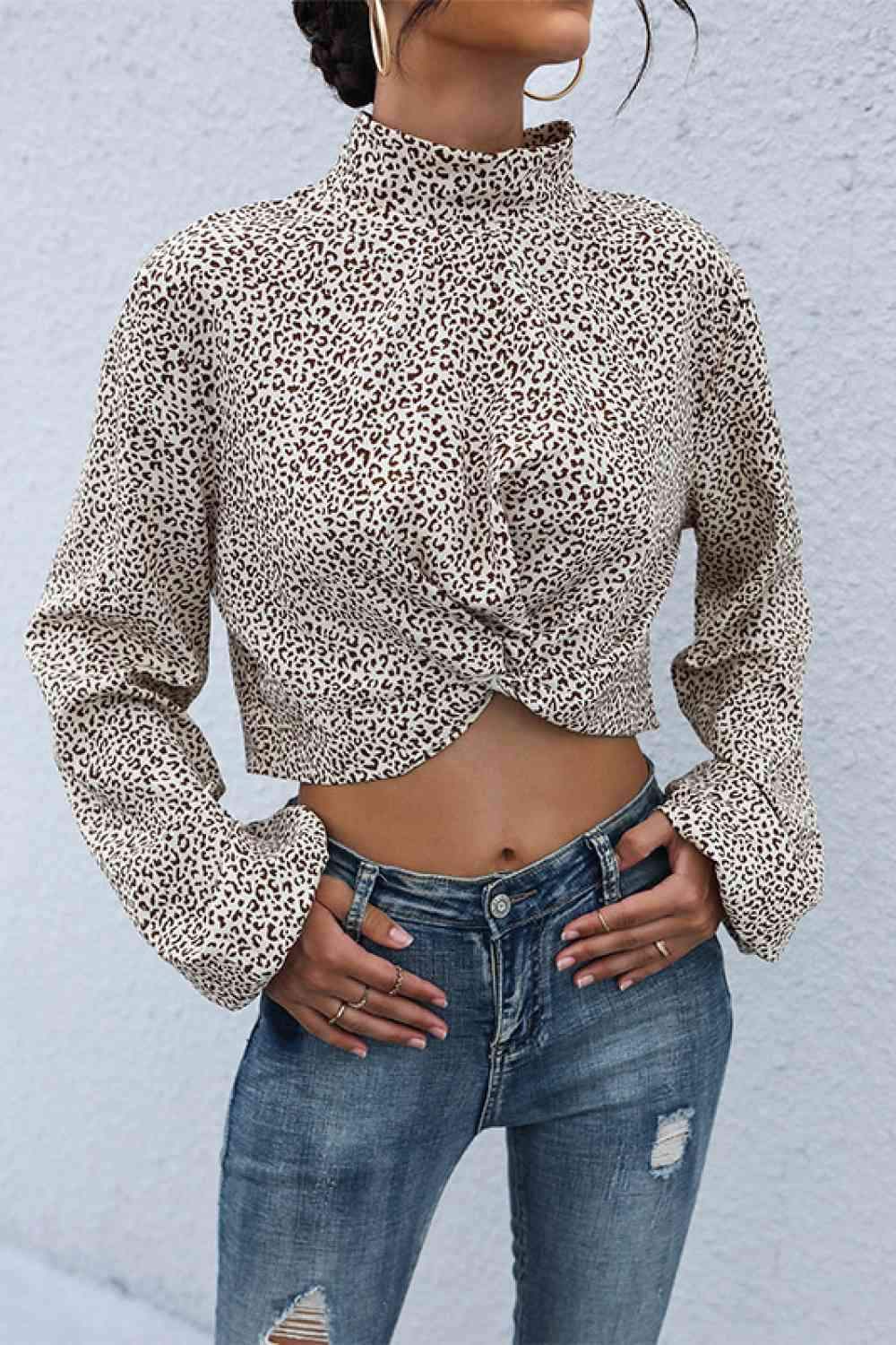 Leopard Print Mock Neck Crop Top Blouses - Tophatter Daily Deals