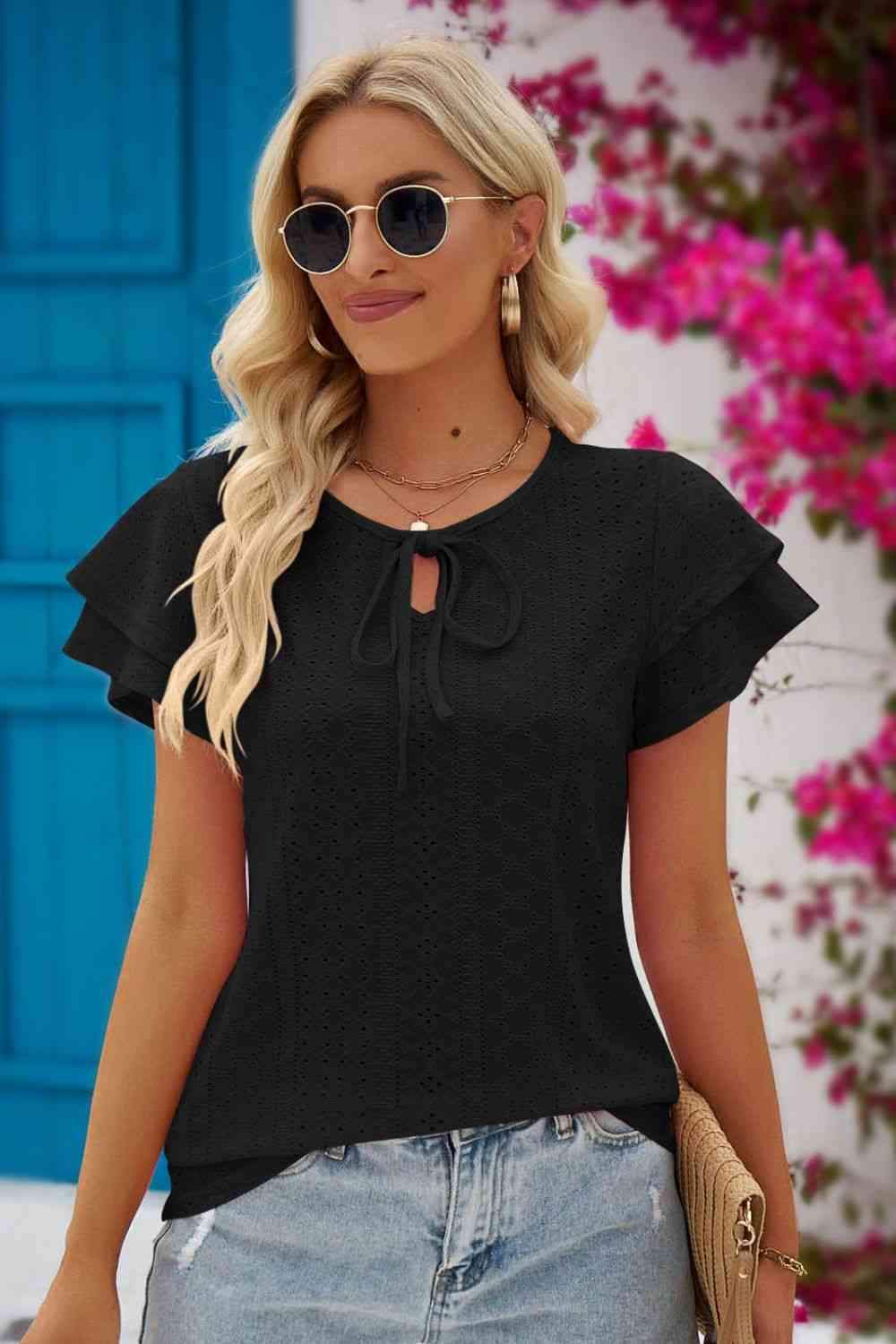 Eyelet Tie-Neck Flutter Sleeve Blouse Black Blouses - Tophatter Daily Deals