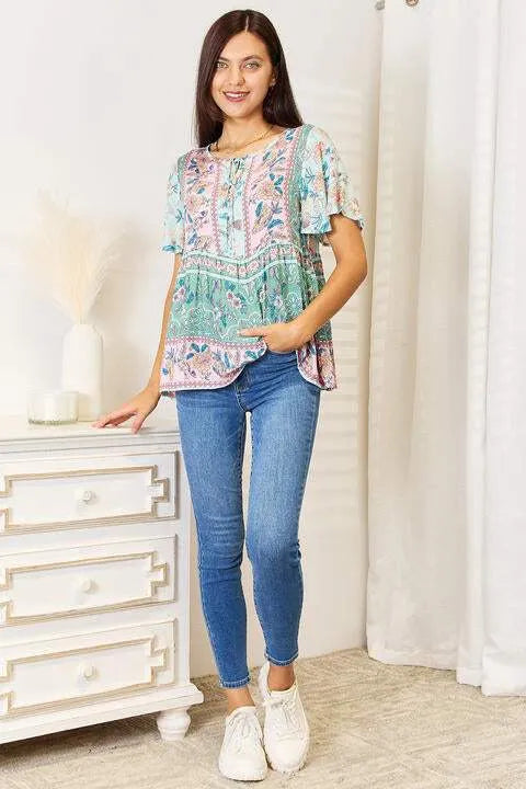 Double Take Floral Tie Neck Short Sleeve Blouse Blouses - Tophatter Daily Deals
