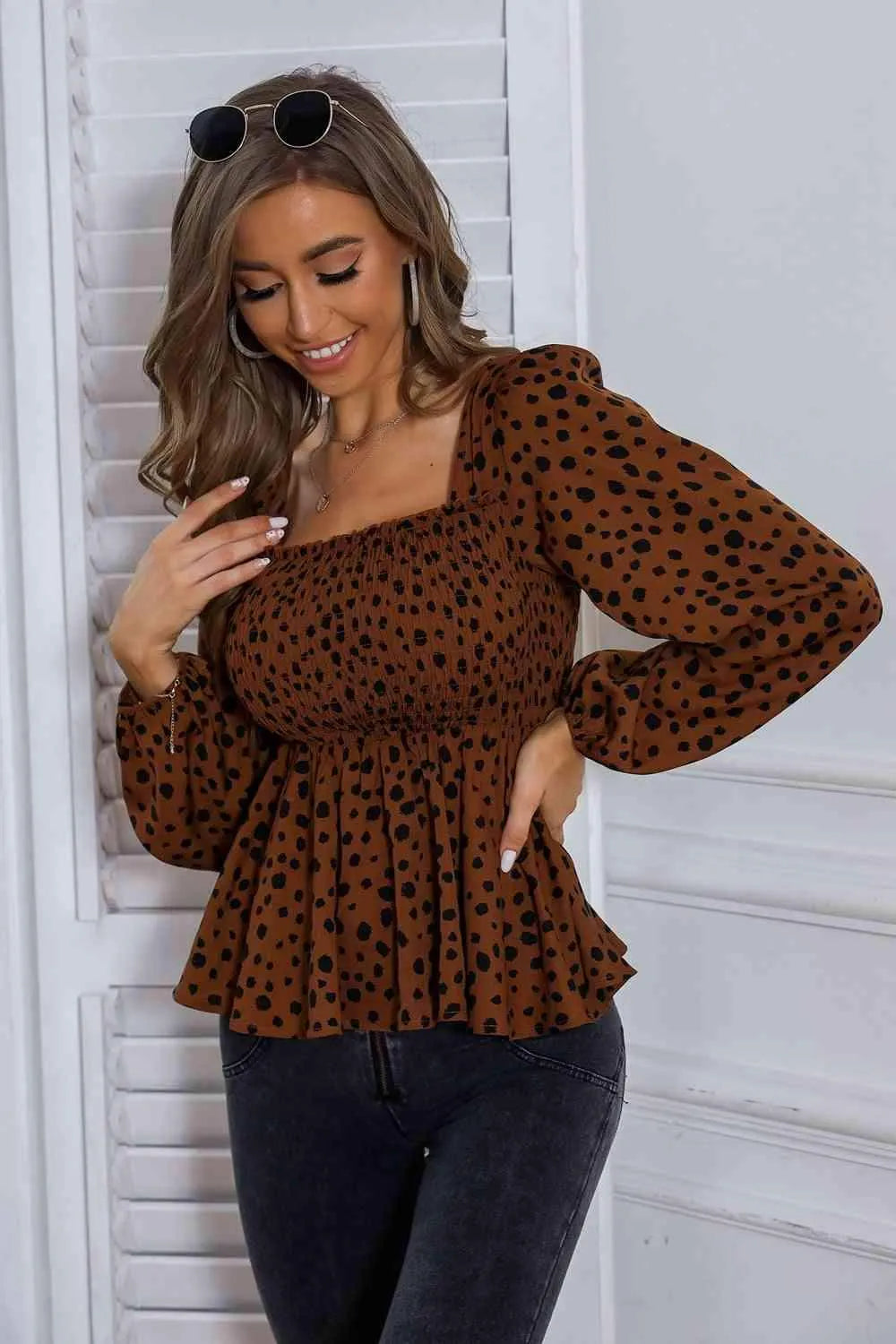 Square Neck Long Sleeve Smocked Blouse Blouses - Tophatter Daily Deals