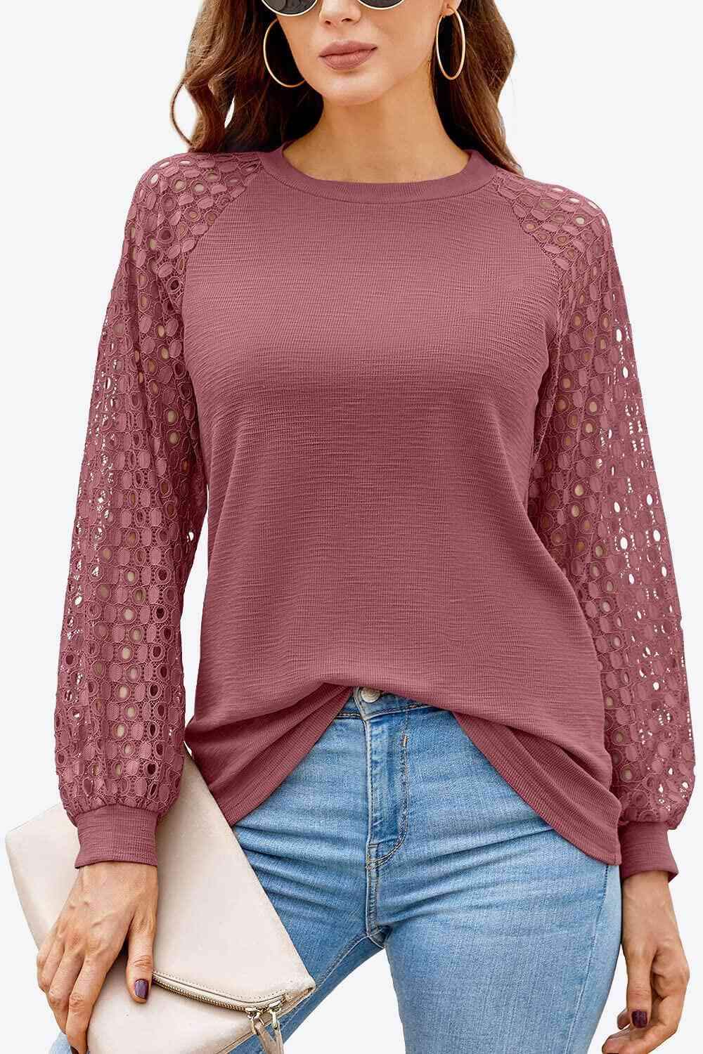 Long Raglan Sleeve Round Neck Tee Light Mauve Women's T-Shirts - Tophatter Daily Deals