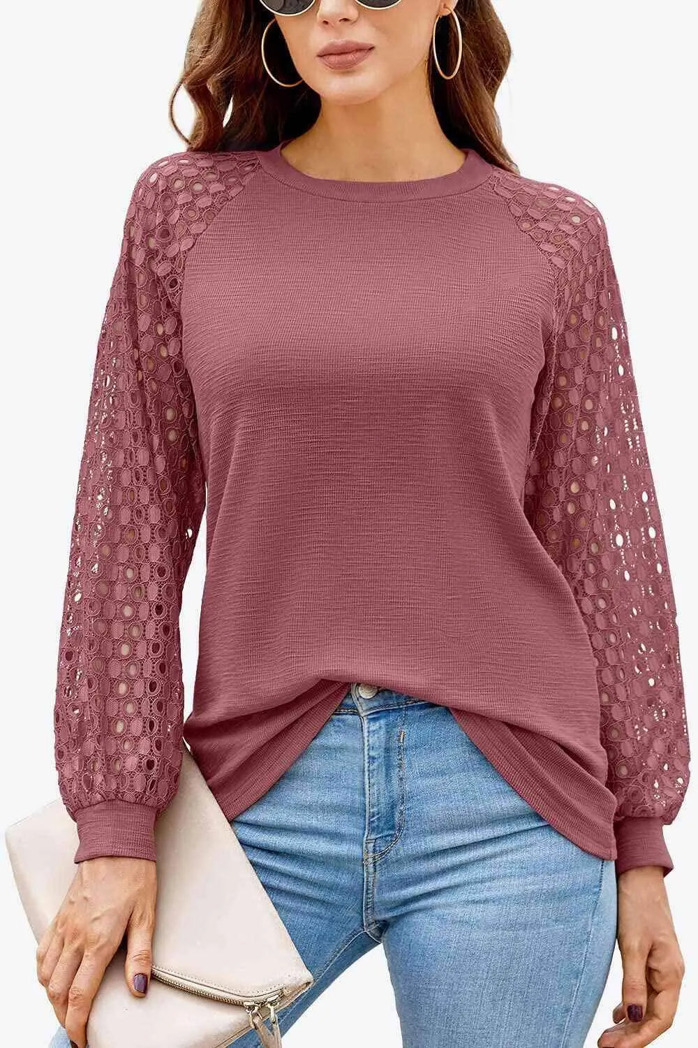 Long Raglan Sleeve Round Neck Tee Light Mauve Women's T-Shirts - Tophatter Daily Deals