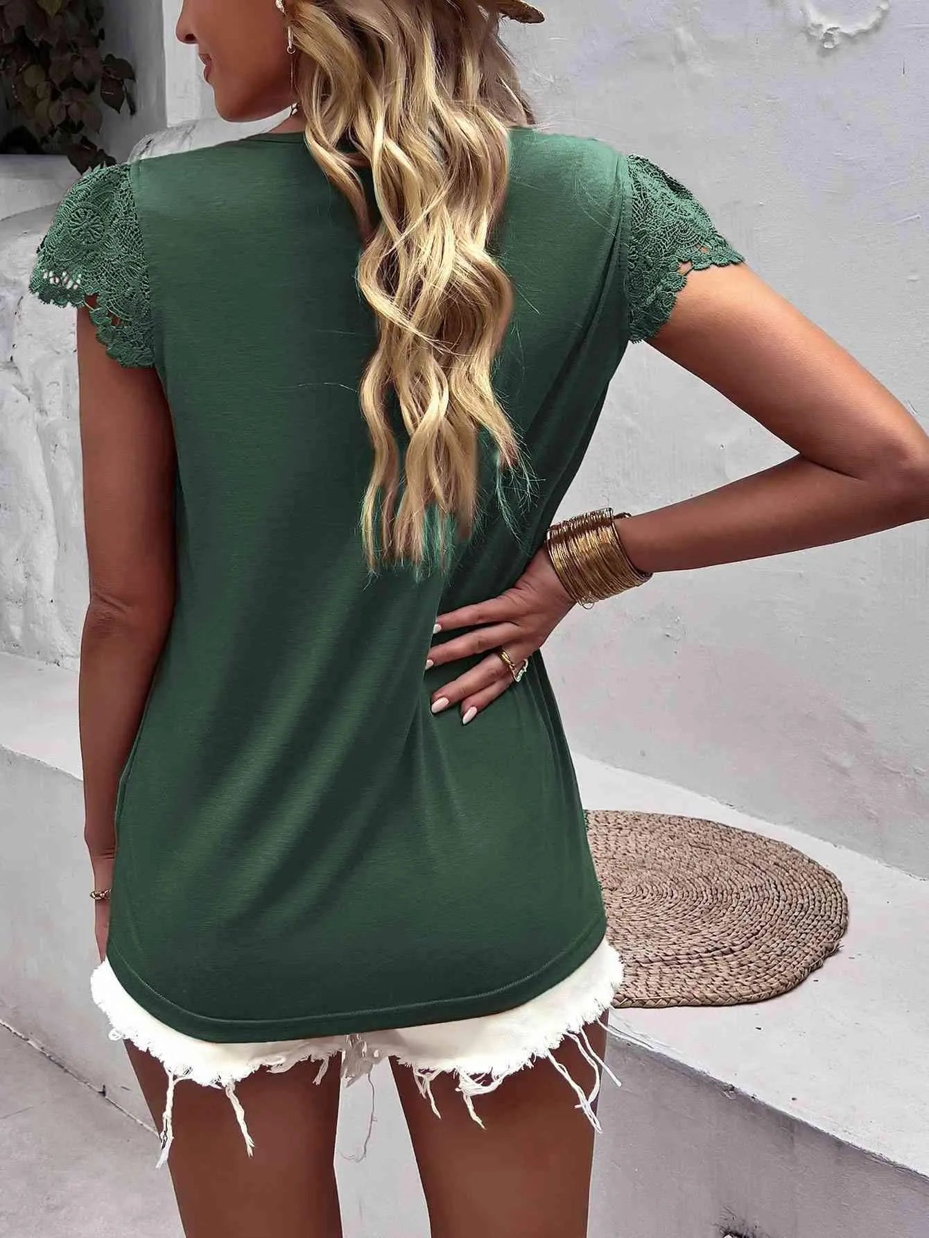 Lace Trim V-Neck Buttoned Top Blouses - Tophatter Daily Deals