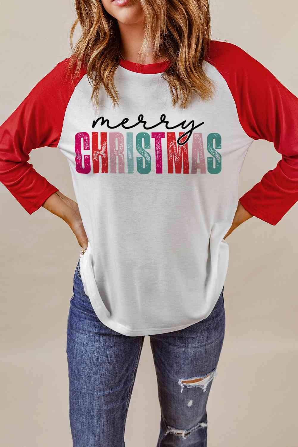 MERRY CHRISTMAS Graphic Raglan Sleeve T-Shirt Women's T-Shirts - Tophatter Daily Deals