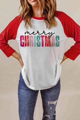 MERRY CHRISTMAS Graphic Raglan Sleeve T-Shirt Women's T-Shirts - Tophatter Daily Deals