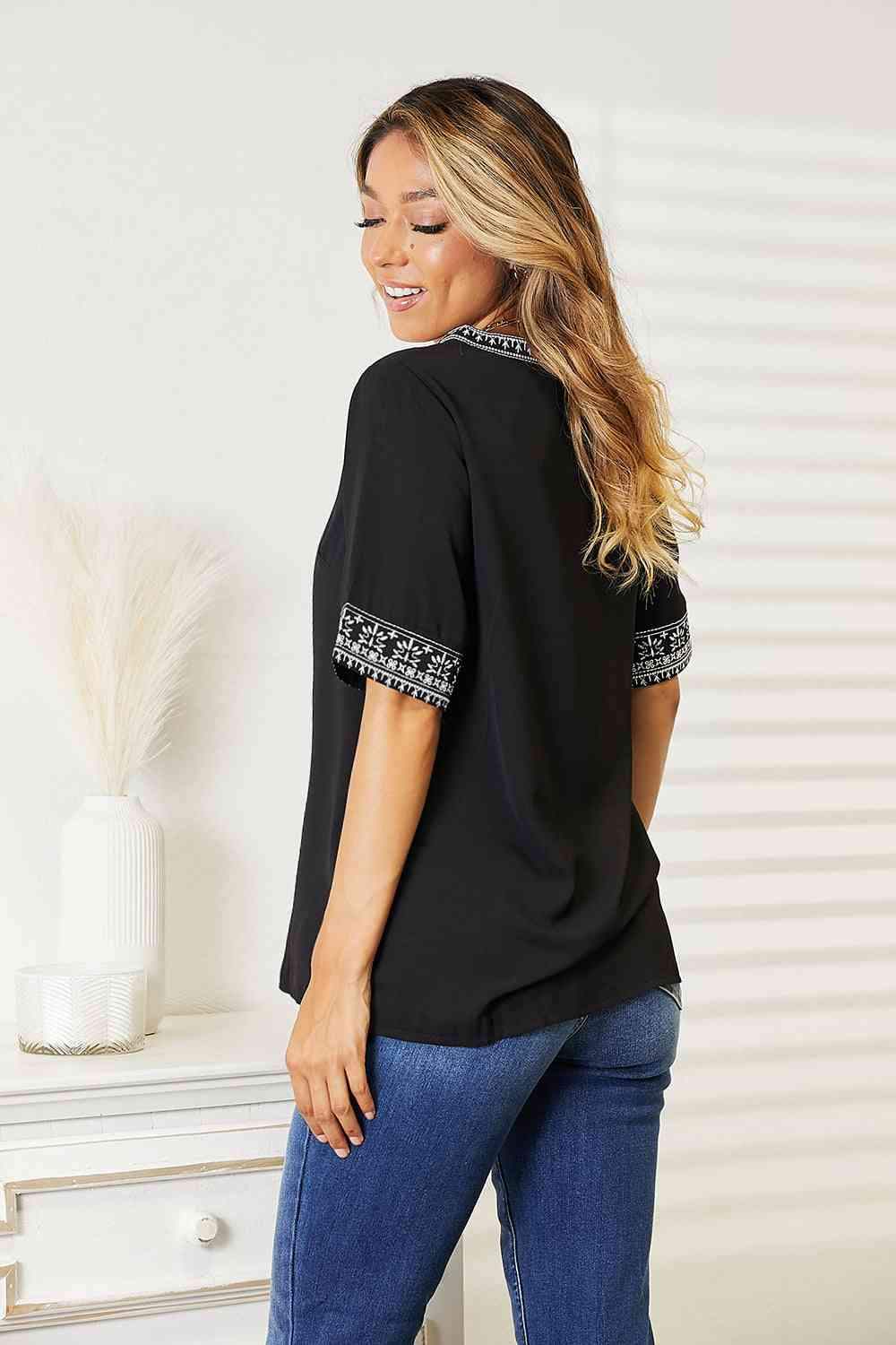 Double Take Embroidered Notched Neck Top Blouses - Tophatter Daily Deals