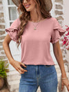 Textured Petal Sleeve Round Neck Tee Women's T-Shirts - Tophatter Daily Deals