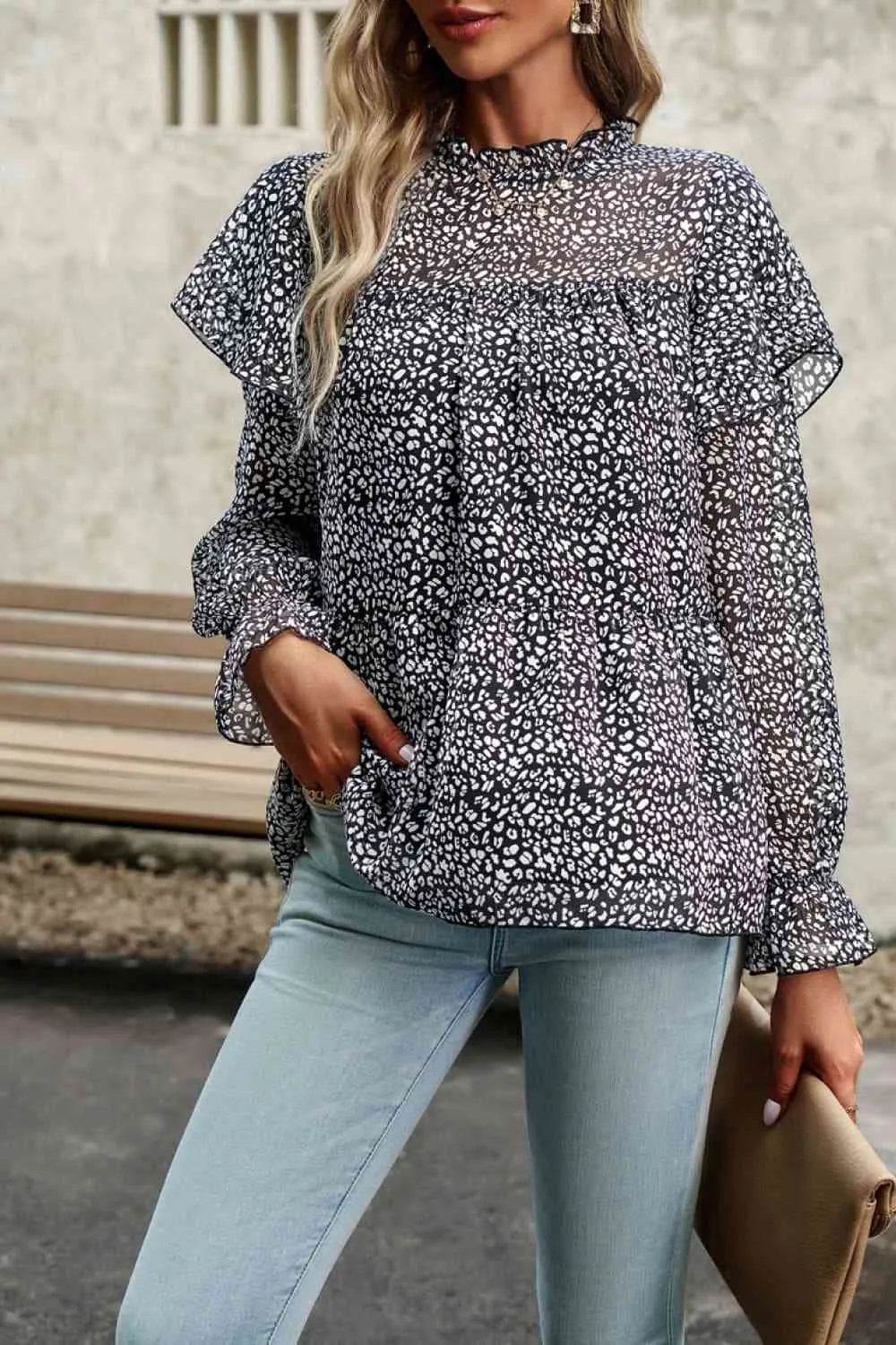 Printed Round Neck Flounce Sleeve Blouse Blouses - Tophatter Daily Deals