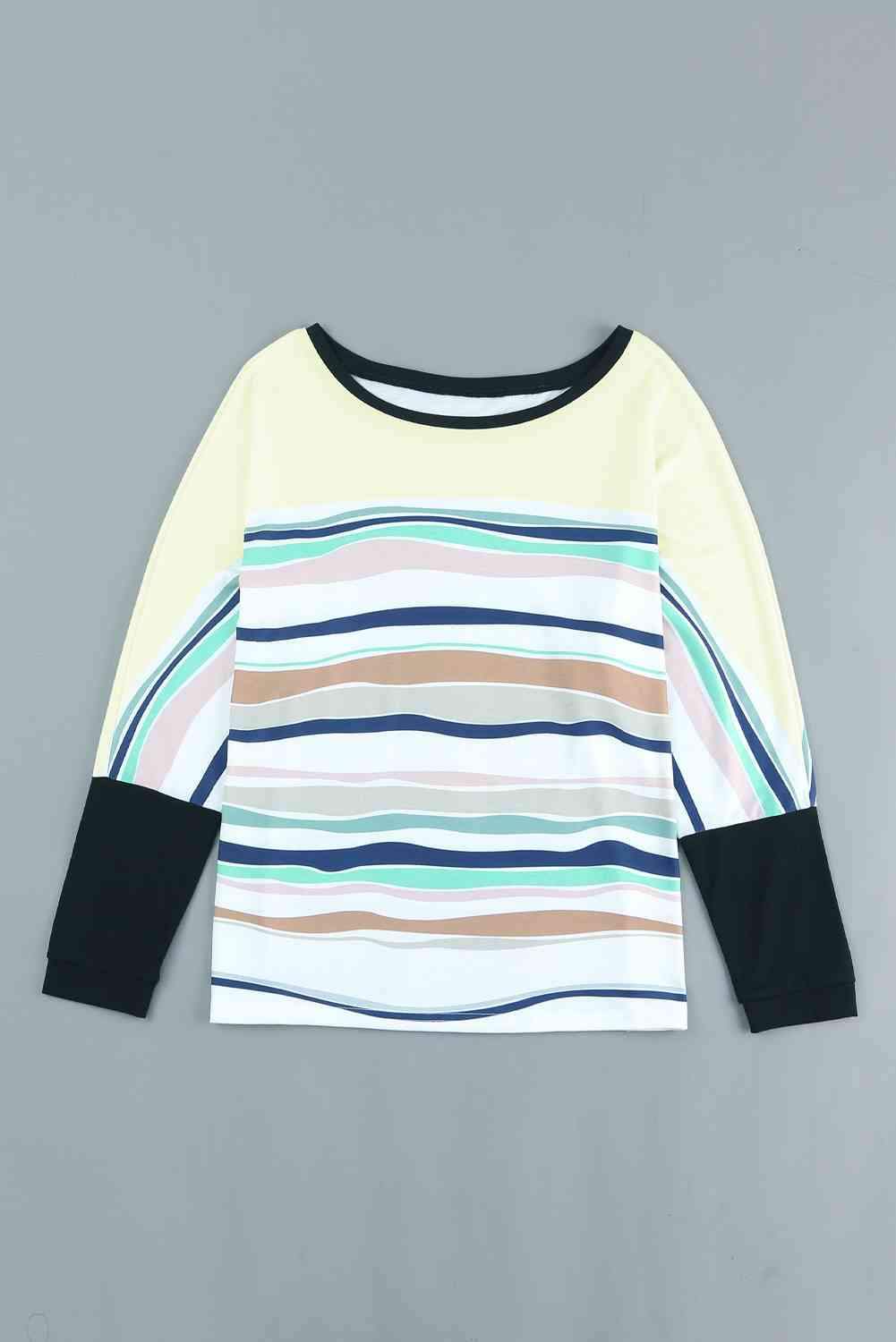 Striped Round Neck Long Sleeve Top Women's T-Shirts - Tophatter Daily Deals